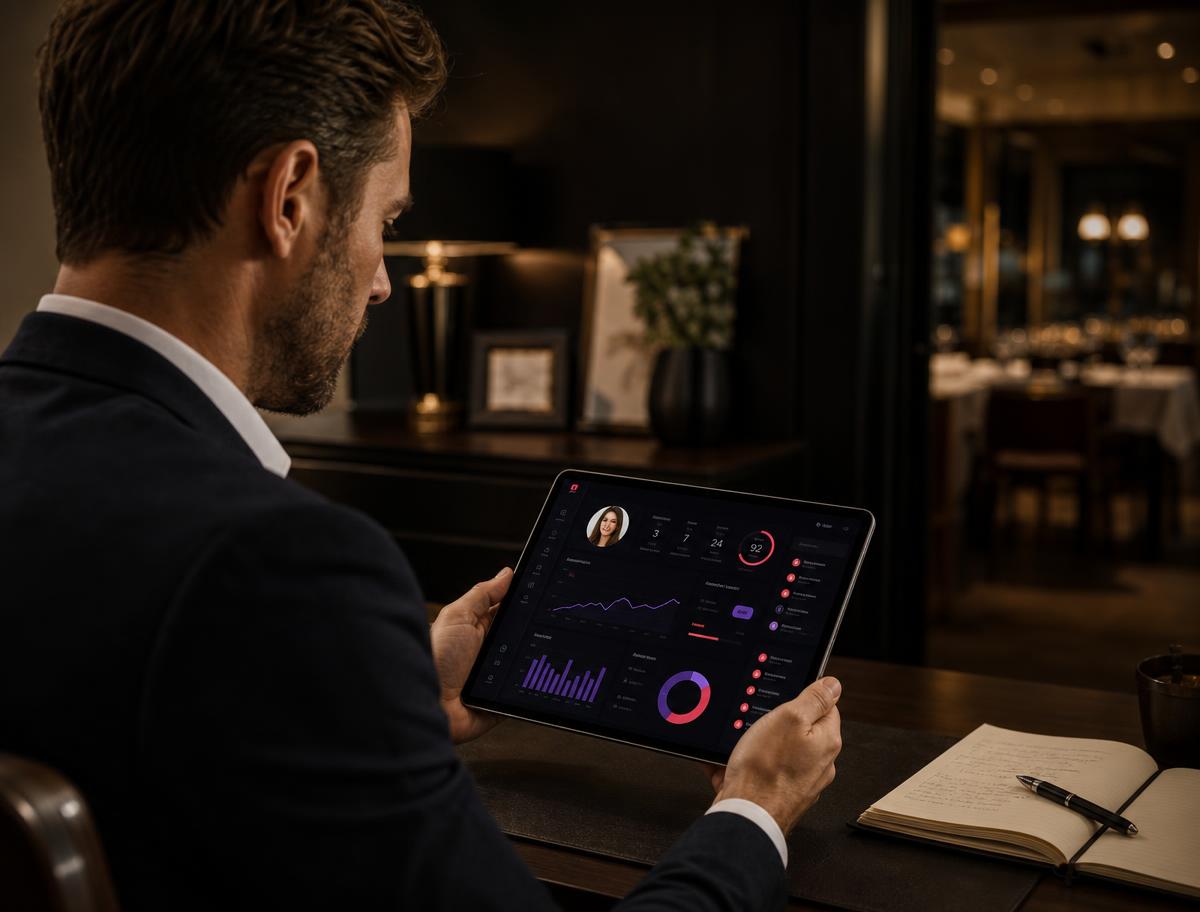 Restaurant manager reviewing guest profiles on a laptop