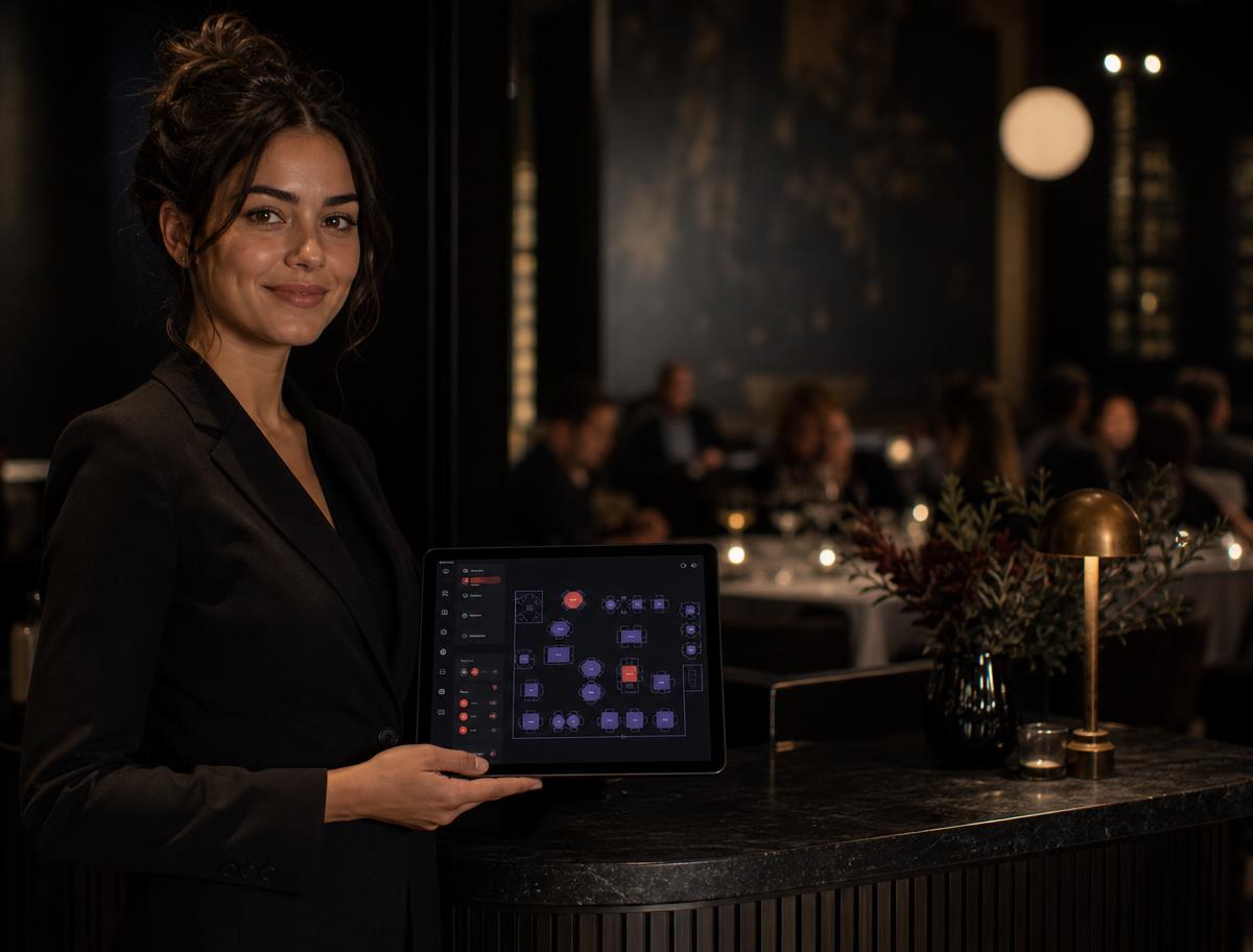 Server using table management software in a dining room