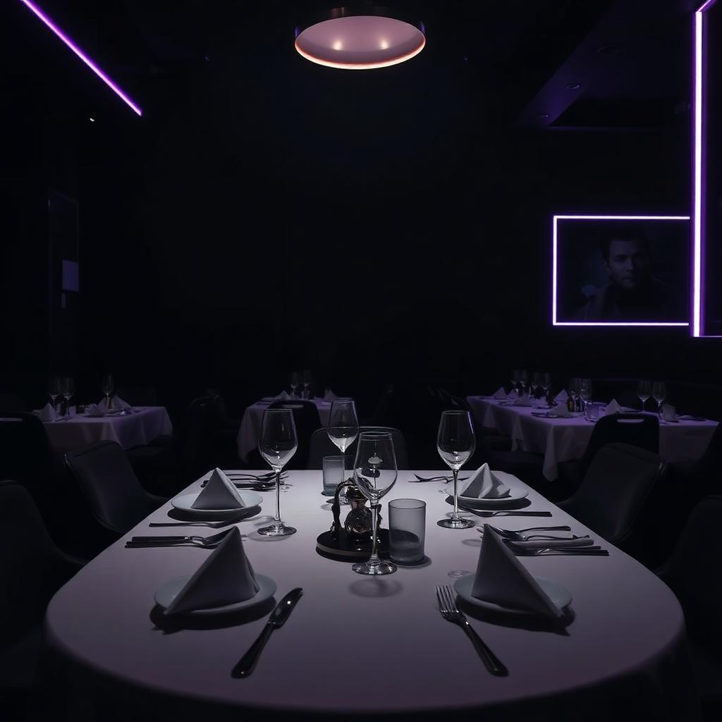 Dark, minimalist restaurant table setting under low gallery lighting