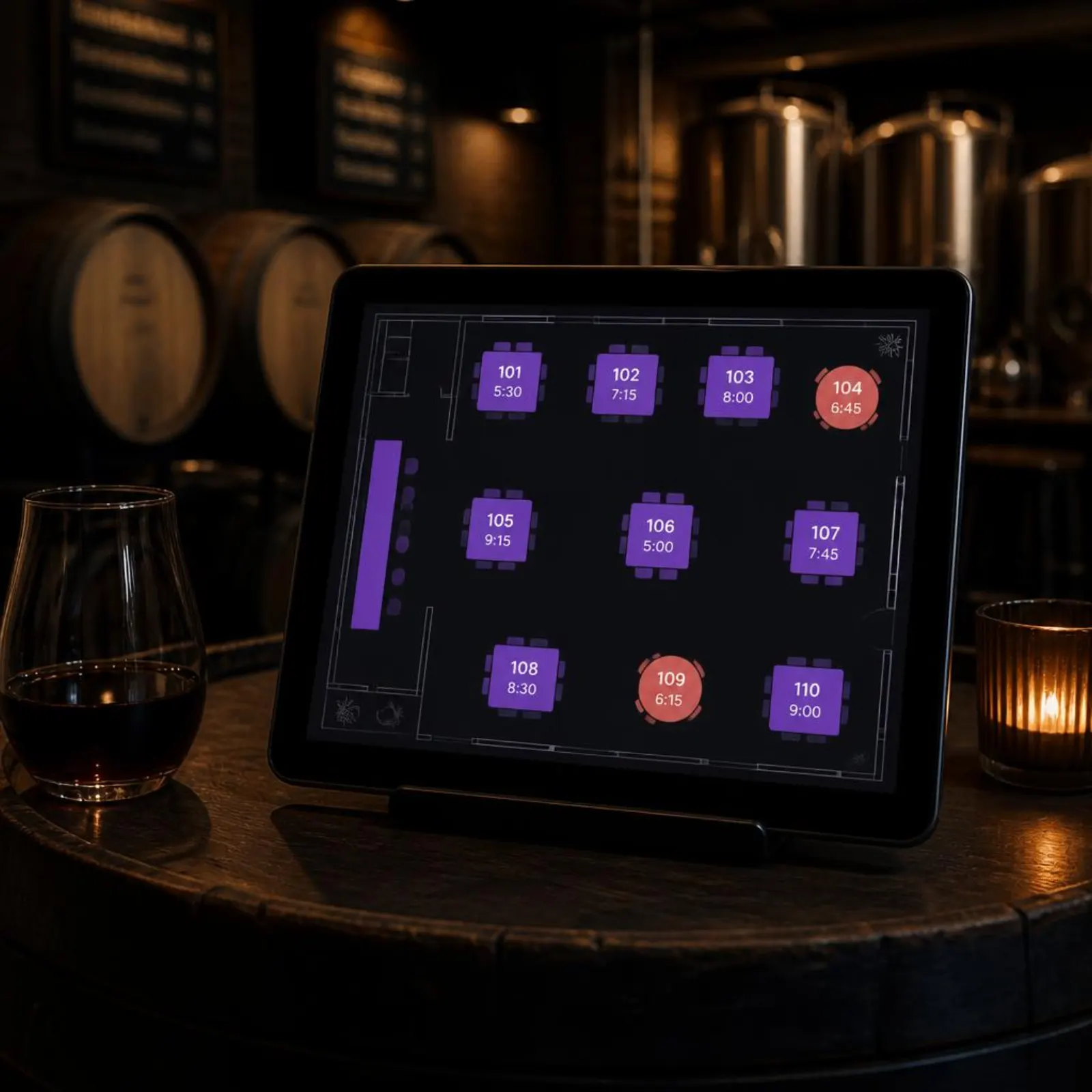 OUTRCH table management floorplan on a tablet in a taproom