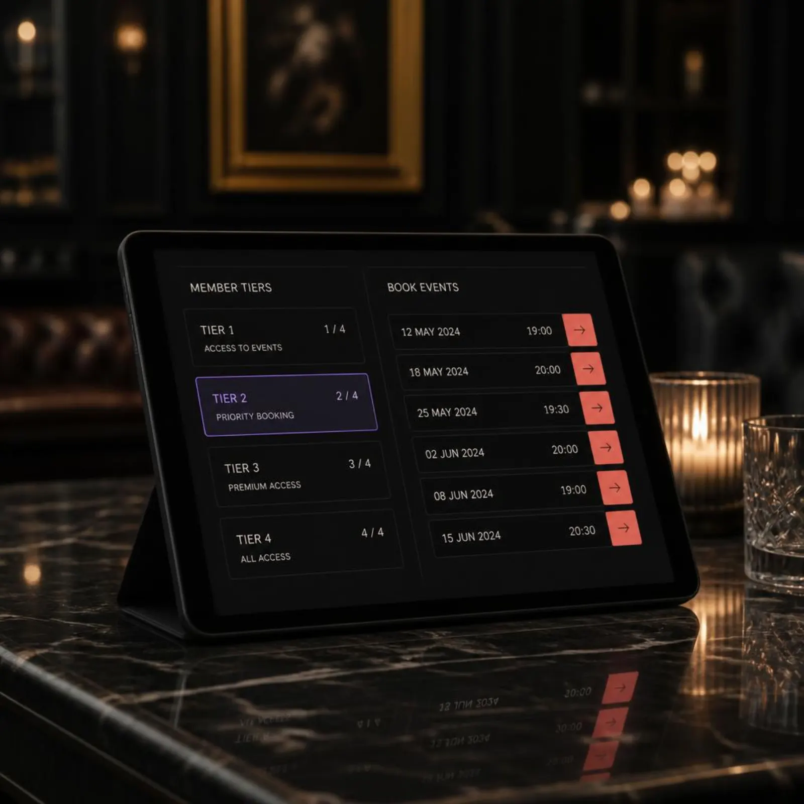 OUTRCH member tiers and event booking on a tablet in a private club