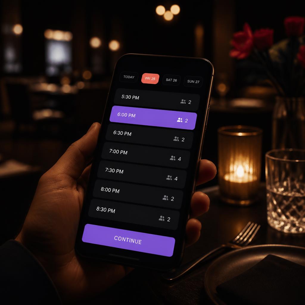 OUTRCH branded booking widget on a phone in a hotel restaurant