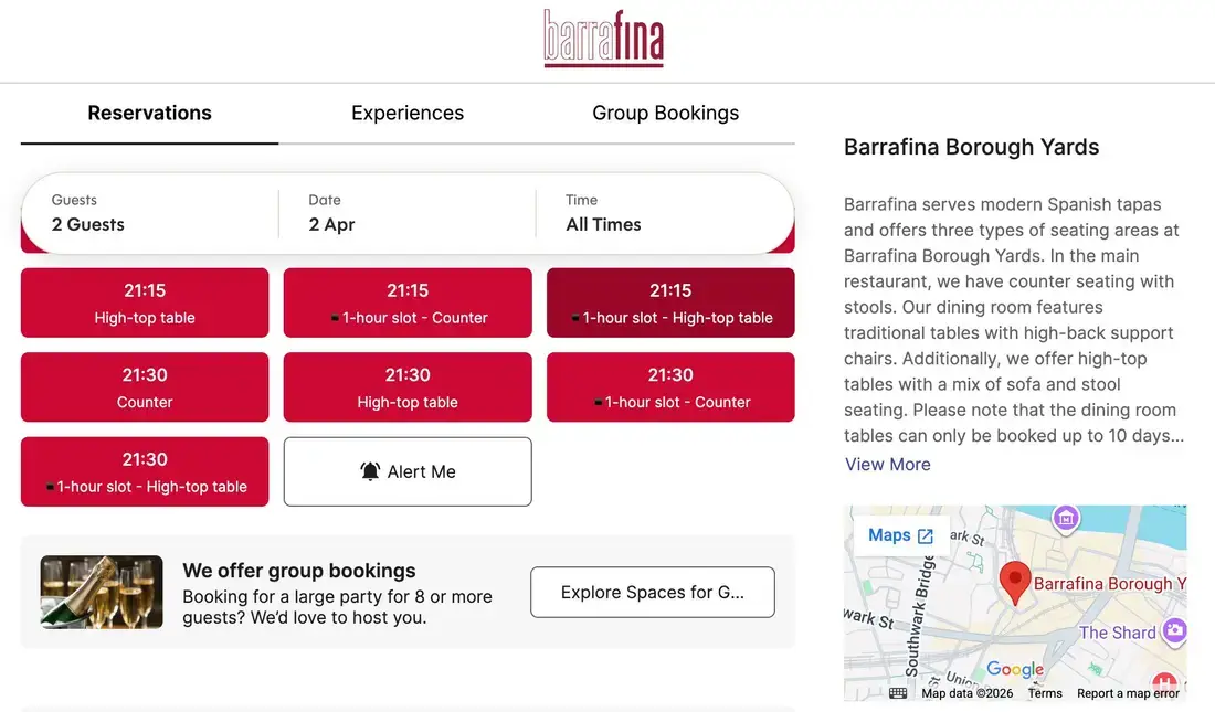 Barrafina group booking widget