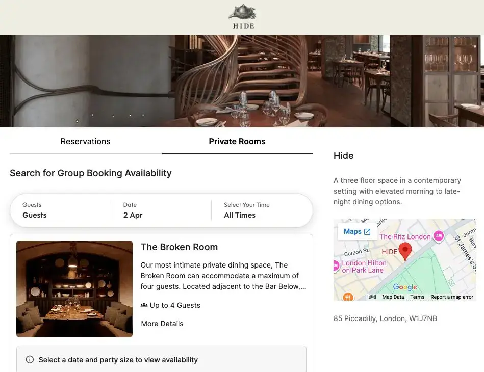 Hide's private event space booking widget